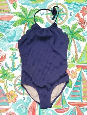 Old Navy Girl's Navy Textured One-Piece Halter Swimsuit